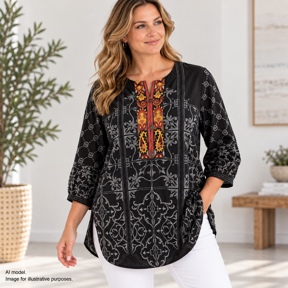 Ethnic by Outfitters Shirt Women Large Black Embroidered Boho All Cotton Tunic